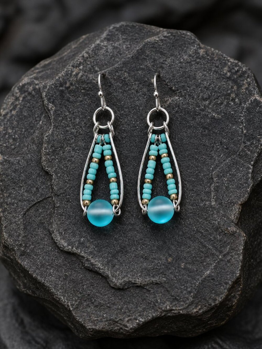 2 for $12 -Cute drop beaded earrings with turquoise, gold, and silver!